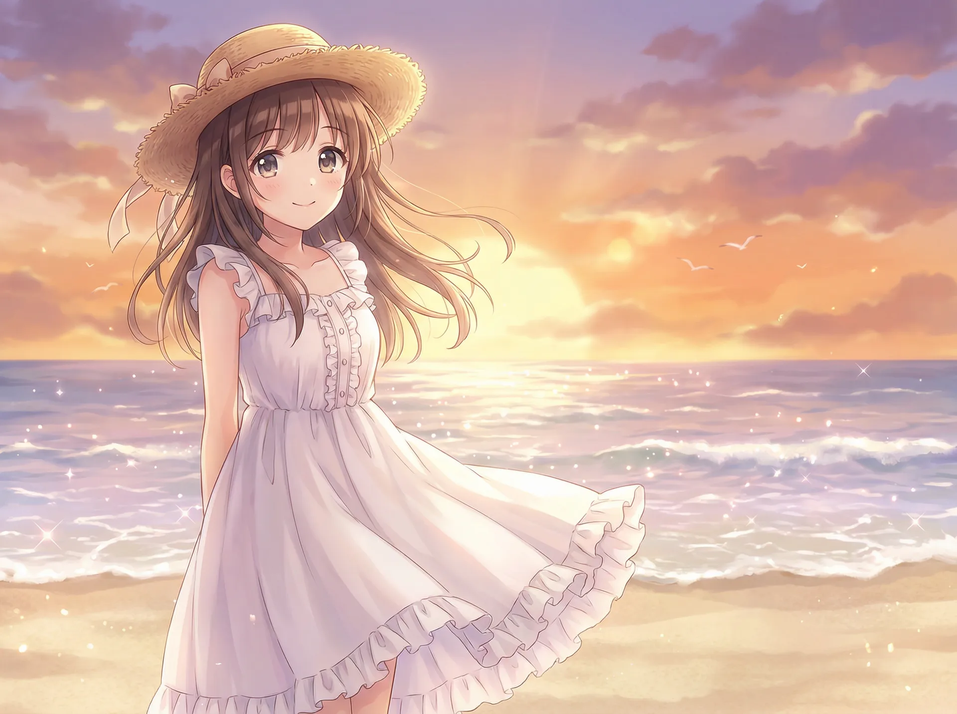 桃乃木 写真 - 海边夕阳下的桃酱，白色连衣裙随风飘扬