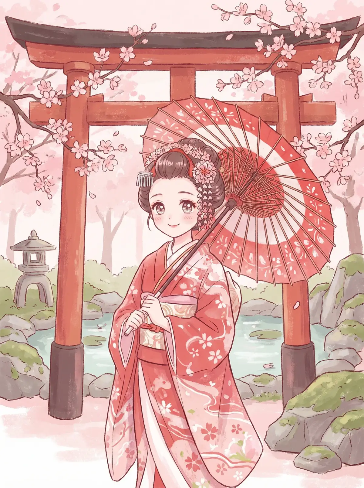 桃乃木 写真 - 和服姿态的桃酱，红色鸟居下的优雅身影